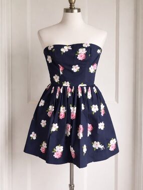 Abercrombie & Fitch Navy Strapless Dress with Pink & White Floral Print